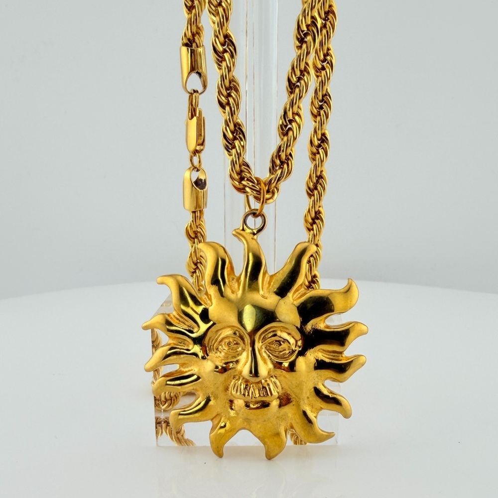 Vintage 24KGP Celestial Sun Face Pendant Necklace - 58g Heavy Rope Chain